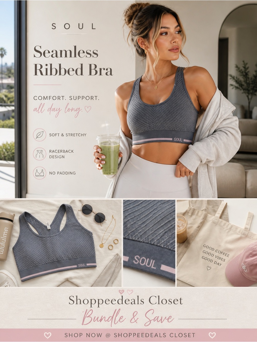 SOUL Ribbed Seamless Sports Bra Gray Pink Stripe Medium